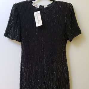 Laurence Kazar Silk Dress NWT‎ Rare Find Handmade Beading Short Sleeves